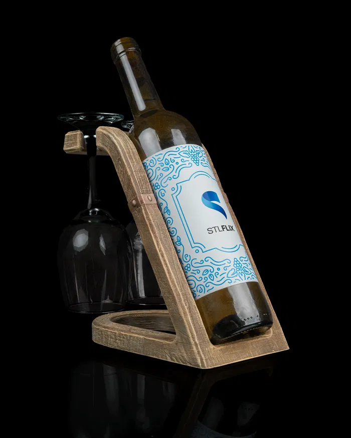 a wine bottle holder with two stemmed wine glasses
